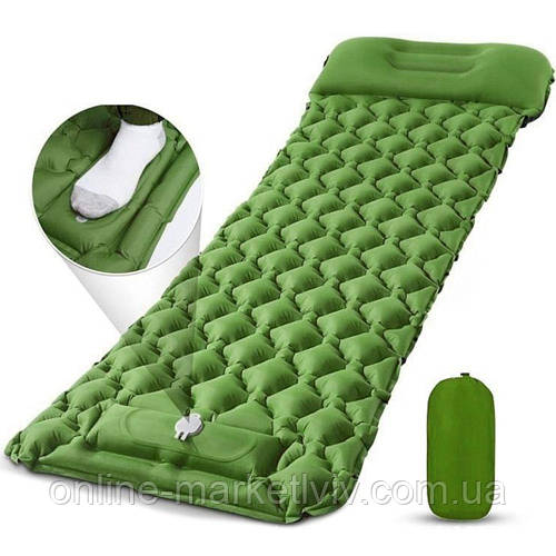 Туристический надувной каремат с подушкой 225х70 см, Зеленый / Надувной ...