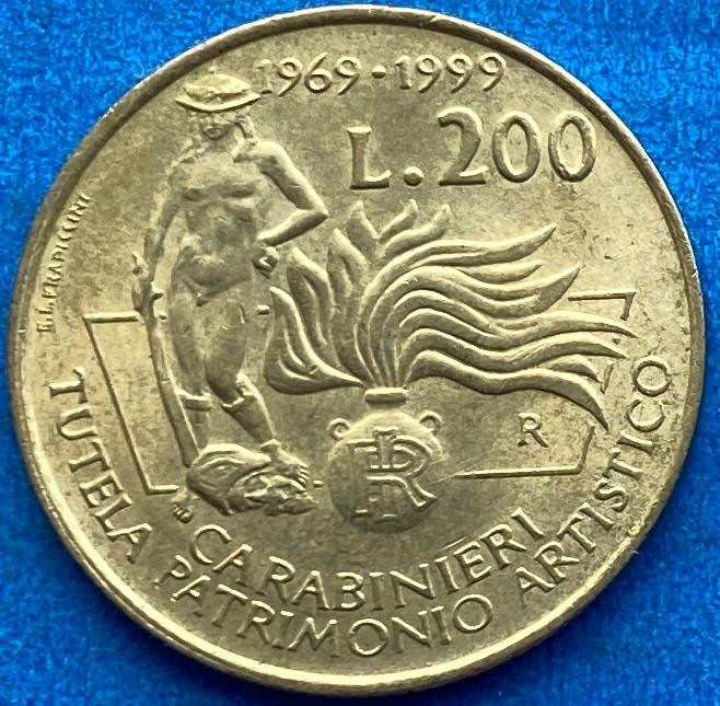 Монета Італії 200 лір 1999 р. Карабінери, фото 1
