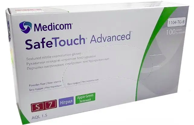 Рукавички нітрилові оглядові нестерильні без пудри Medicom SafeTouch Advanced TM (зелений, розмір S)