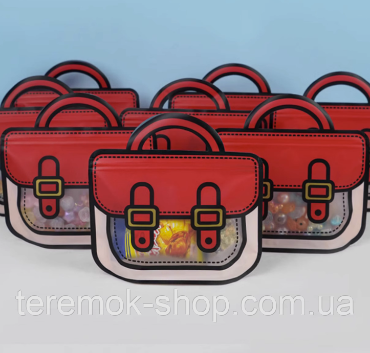Пакет zip прозорий харчової Портфель з ручкою червоний дитяча сумочка з зіп застібкою 25х19 см для солодощів і подарунків, фото 1