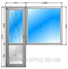 Металопластиковий балконний блок WDS Ultra 6 700x2100, 1300x1400 з підвіконням і москітною сіткою.