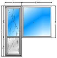 Металлопластиковый балконный блок WDS Ultra 6 700x2100, 1300x1400 c подоконником и москитной сеткой.