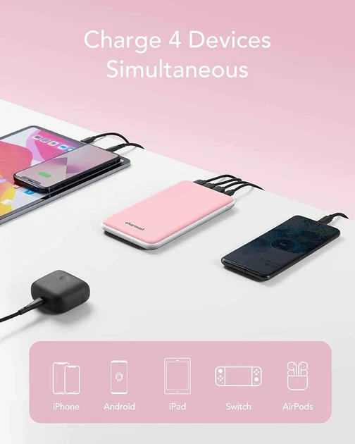 Charmast Power Bank 26800mAh - портативний зарядний пристрій з 3 входами та 4 виходами. Колір: Рожевий чорний, фото 1