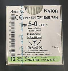Шовний матеріал Atramat 5.0, Nylon., чорний, 12шт./уп. , Голка 16мм.СЕРТИФІКОВАНИЙ в Україні.