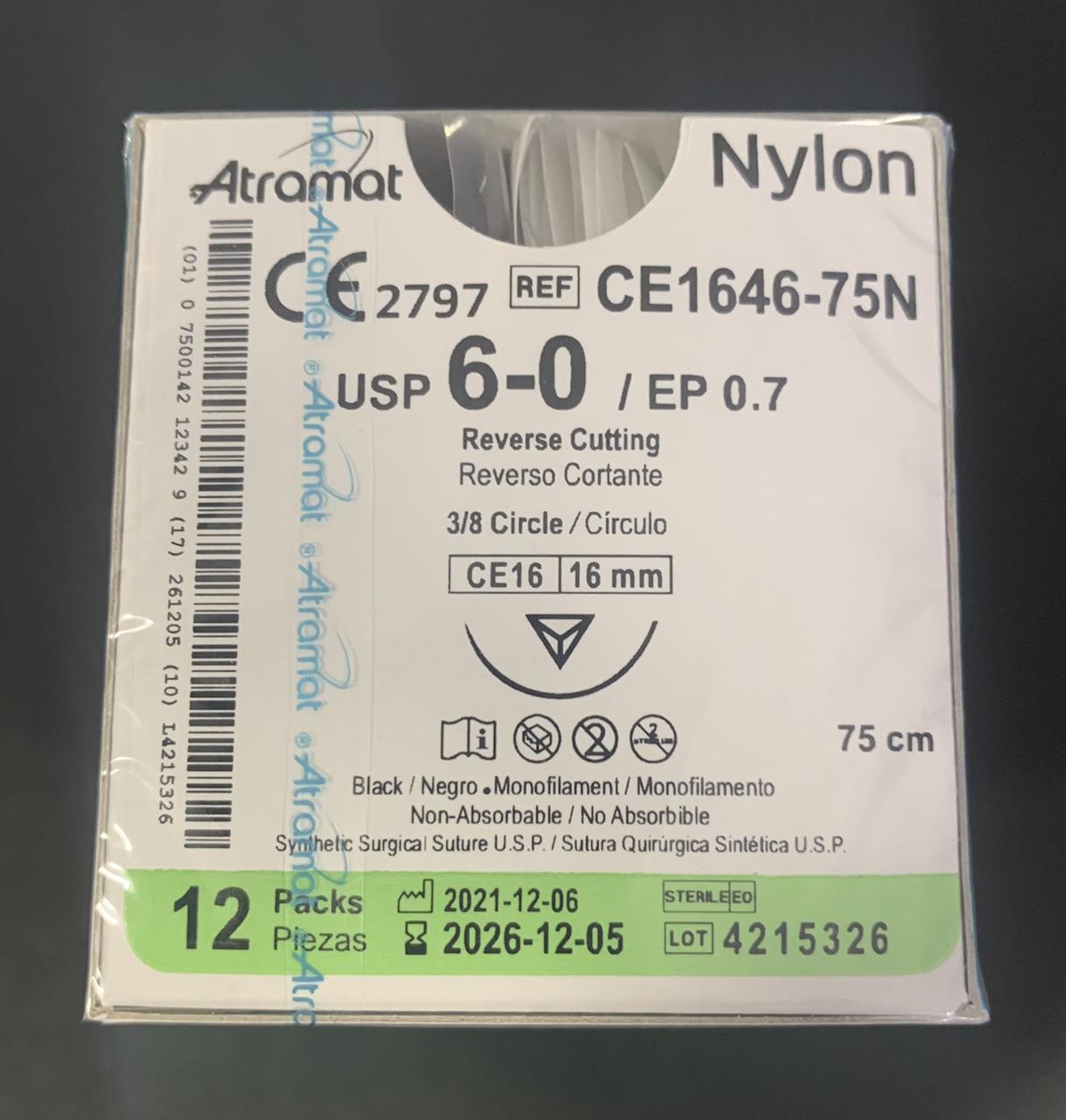 Шовний матеріал Atramat 6.0, Nylon. 12шт./уп, чорний, голка 16мм.СЕРТИФІКОВАНИЙ в Україні.
