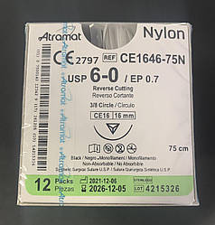 Шовний матеріал Atramat 6.0, Nylon. 12шт./уп, чорний, голка 16мм.СЕРТИФІКОВАНИЙ в Україні.
