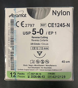 Шовний матеріал Atramat 5.0, Nylon. 12шт./уп.,чорний , голка 12мм.СЕРТИФІКОВАНИЙ в Україні., фото 1