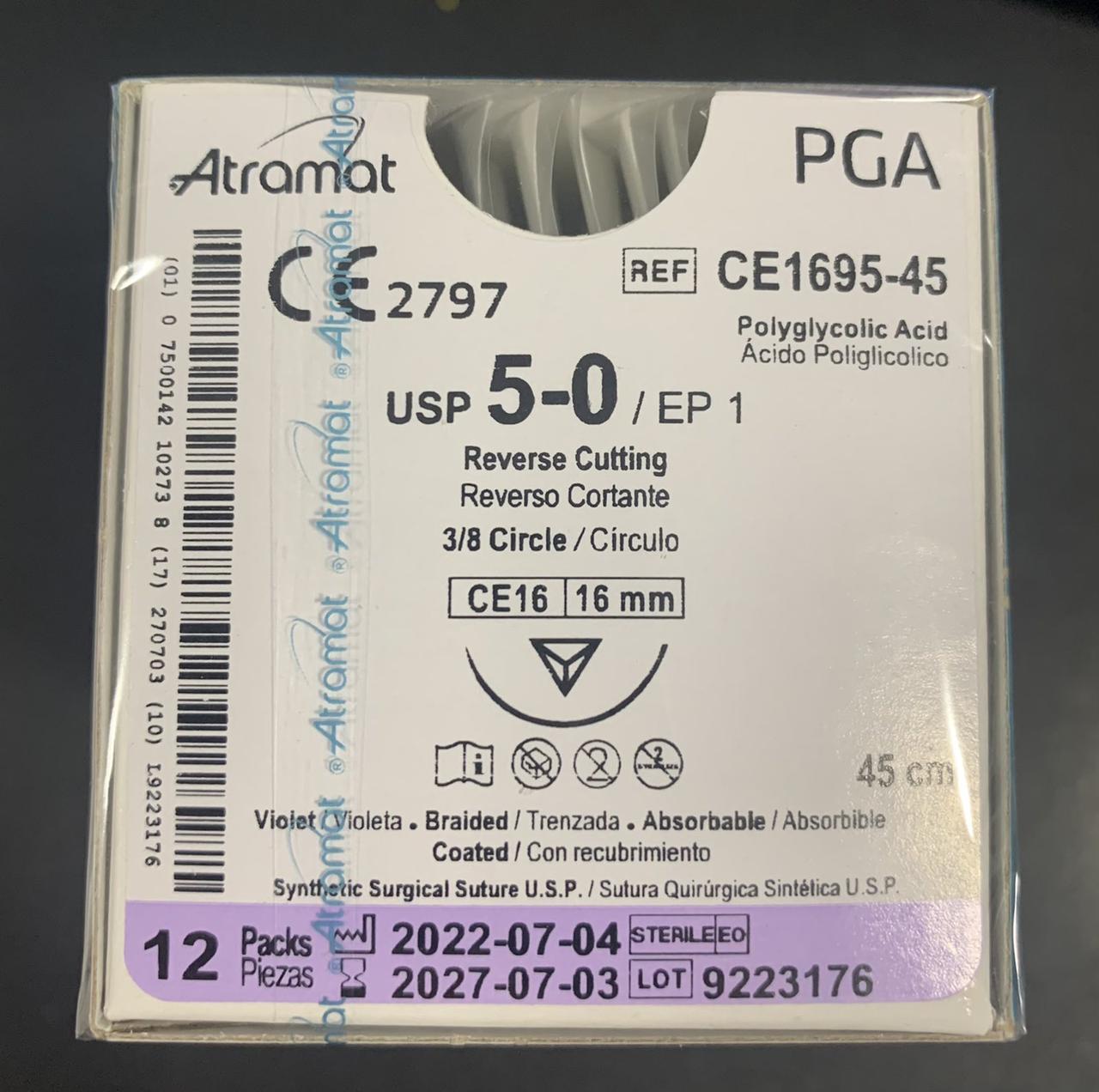 Шовний матеріал Atramat,  5.0, PGA, голка 16мм