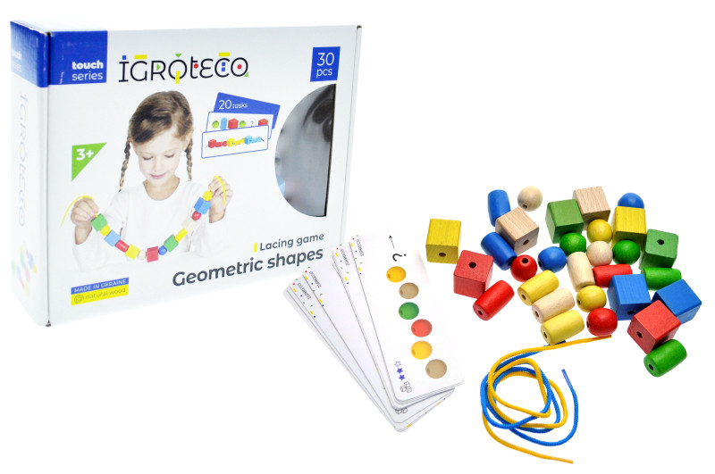 Дерев'яна гра шнурівка "Геометрика" 30 елементів 900019 Igroteco Українське дерево якість, фото 1