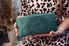 Велика шкіряна косметичка з тисненням Сонечко кольору Морської хвилі