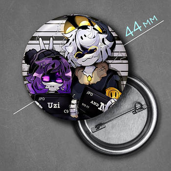 "Узі та Ен (Дрони-вбивці / Murder Drones)" значок круглий на булавці Ø44 мм