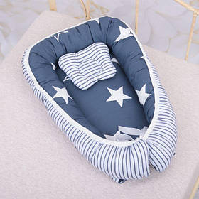 Кокон Міні "Вечірні зорі" з ортопедичним матрацом та подушкою Поплін, Кулір 45*75 см Betis Синій з принтом
