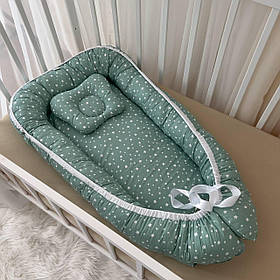 Кокон "Зіронька-2" Стандарт з ортопедичним матрацом та подушкою Поплін 50*80 см Betis Зелений з принтом