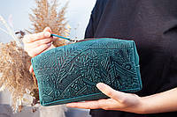 Большая кожаная косметичка с тиснением Карпаты цвета Морской волны