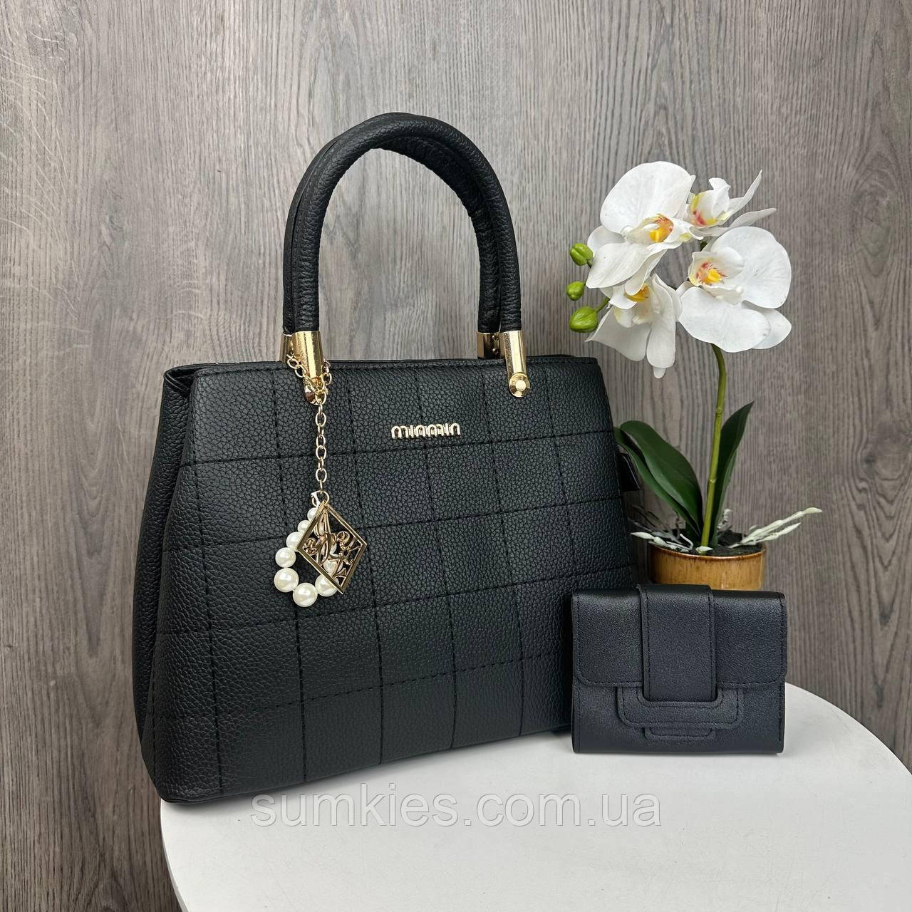 Набір жіноча сумка через плече з брелок + жіночий міні гаманець чорний, фото 1