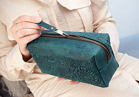 Велика шкіряна косметичка з тисненням Квітучий Сад кольору Морської хвилі