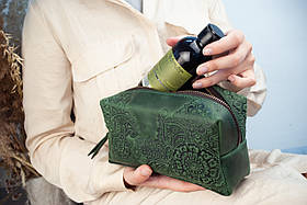 Велика шкіряна косметичка з тисненням Квітучий Сад зелена