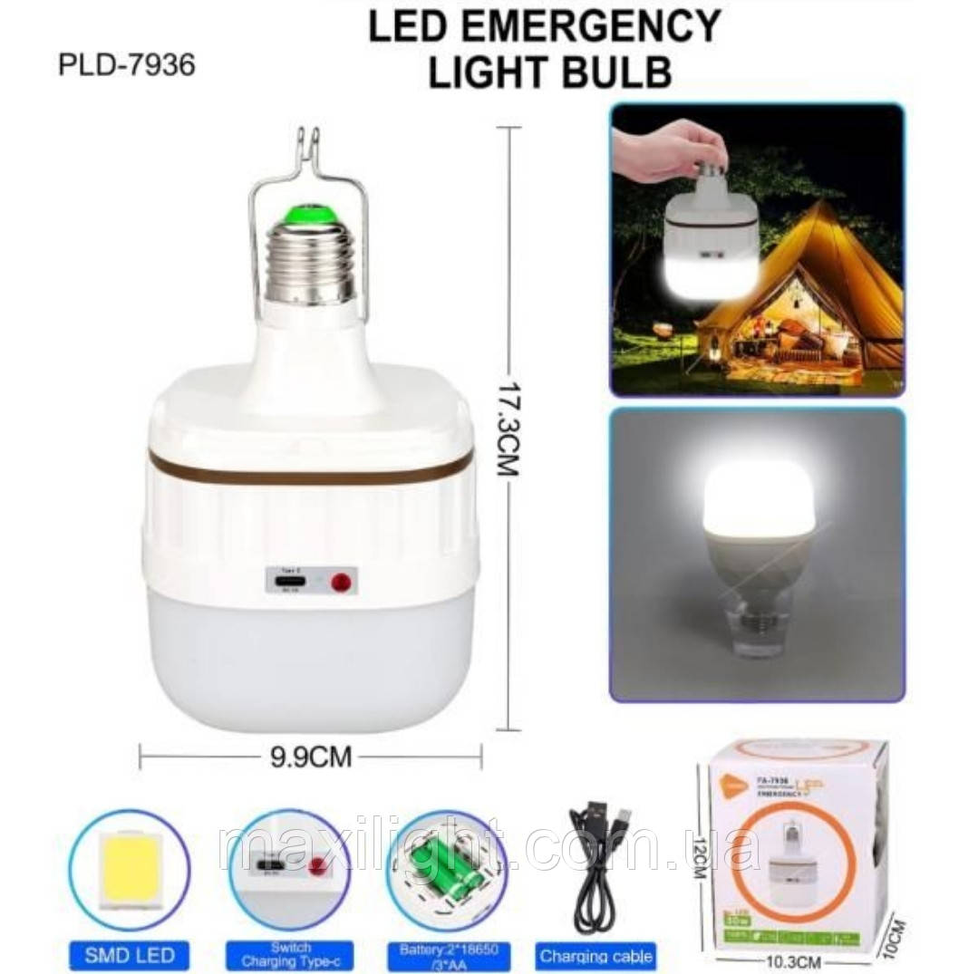 Опубликовано 30 июля 2024 г. LED лампочка з акумулятором FA-7936, 30W, E27, 2x18650/3×ААА, гачок
