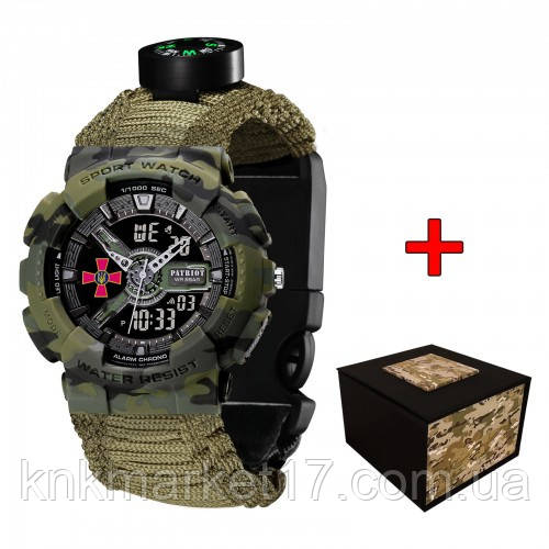 Тактичний багатофункціональний годинник Patriot 005CMGRSU ЗСУ Зелений камуфляж Паракордовий ремінець Army Green + Коробка., фото 1