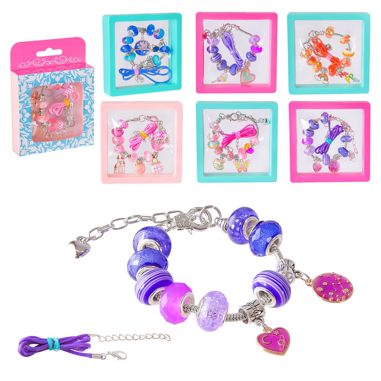 Набір біжутерії B4345 браслет та підвіска типу пандора 6 видів в кейсі, фото 1