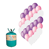 Портативний балон з гелієм + 30 кульок Рожеві бузкові білі