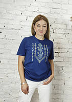 Жіноча футболка вишиванка синього кольору вишита жовто-блакитним хрестиком