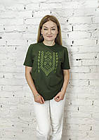 Жіноча футболка вишиванка кольору хакі вишита зелено чорним хрестиком