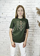 Жіноча футболка вишиванка кольору хакі вишита коричнево беживим хрестиком