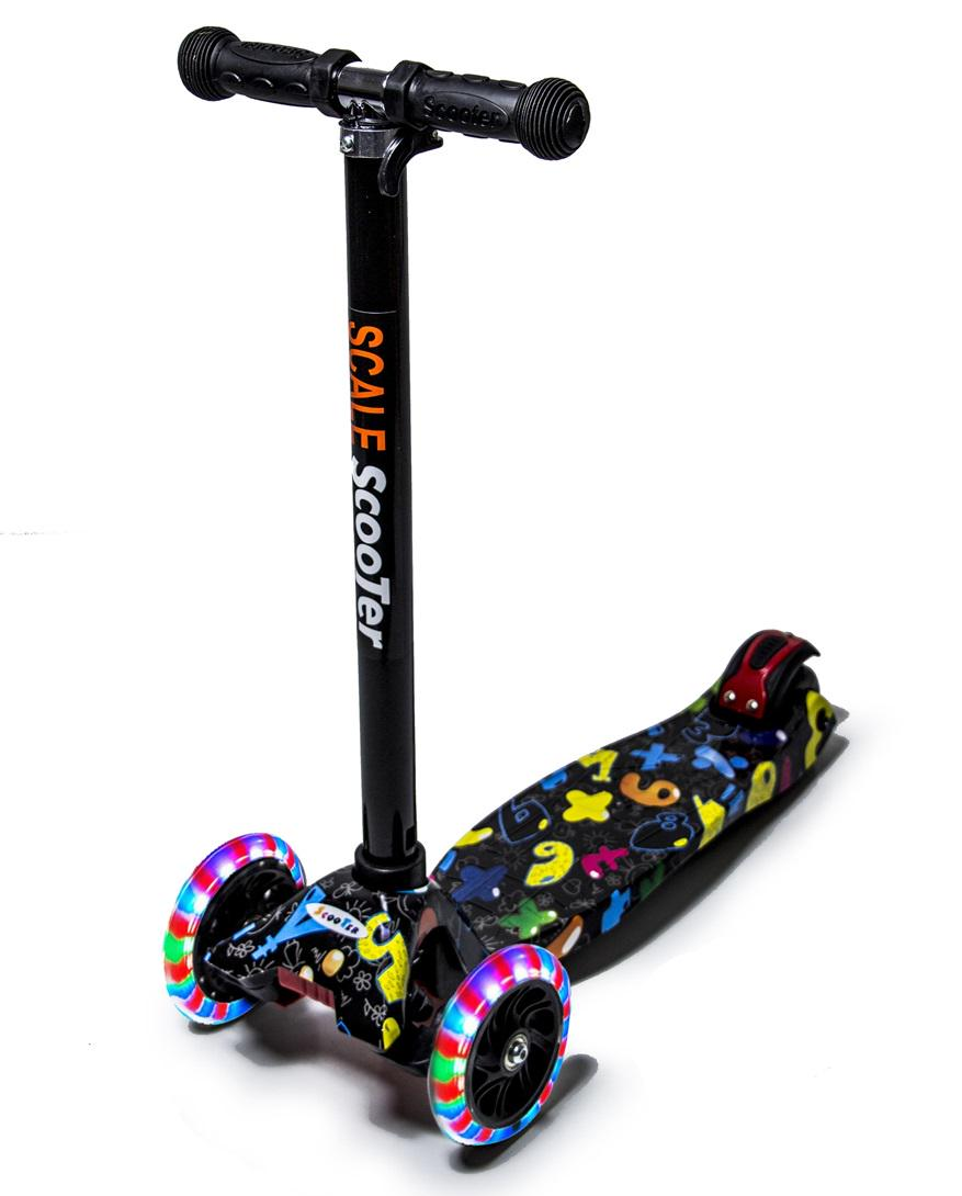 Дитячий триколісний самокат Scale Scooter Maxi до 60 кг + колеса, що світяться (Чорний з цифрами)