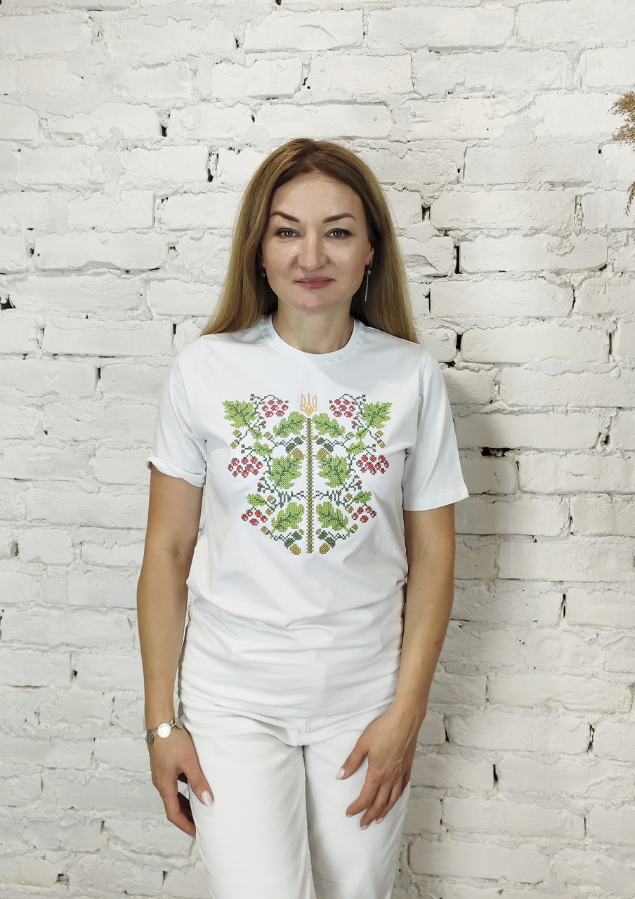 Жіноча футболка білого кольору вишивка ДУБ КАЛИНА, фото 1
