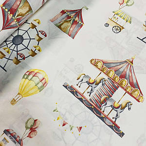 Тканина поплін цирк з атракціонами на білому (ТУРЦІЯ шир. 2,4 м) (R-S-0814)