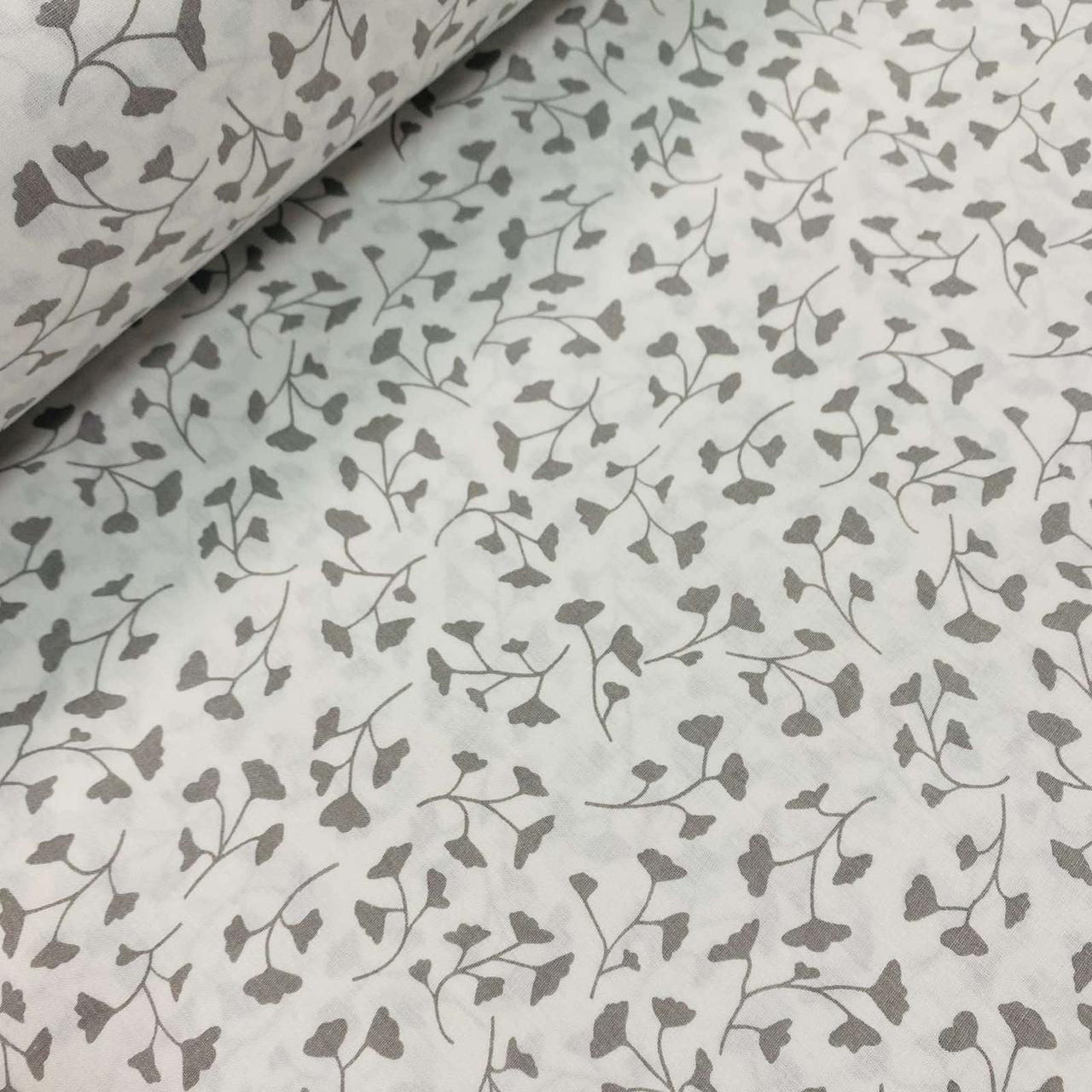 Тканина поплін сірі дрібні листочки на білому (ТУРЦІЯ шир. 2,4 м) (R-S-0821), фото 1