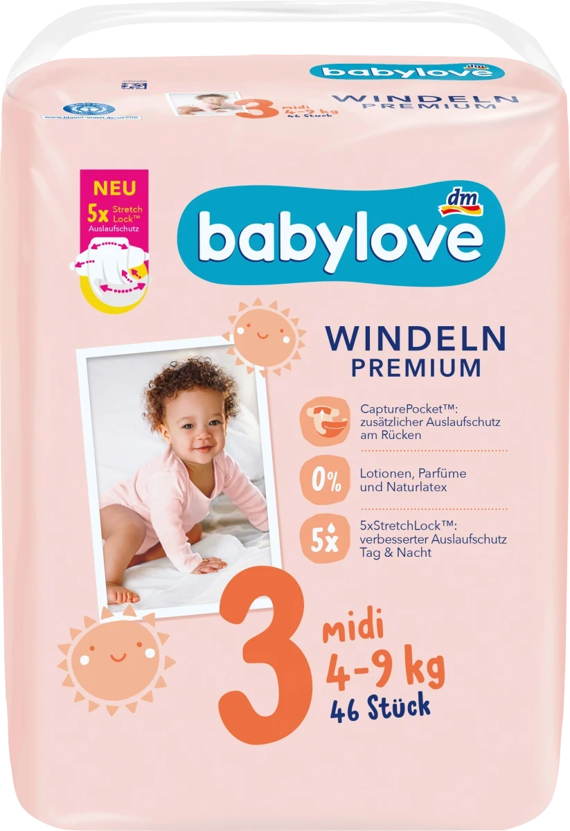 Підгузники преміум - класу Babylove Windeln Premium Midi "3", 4-9 кг, 46 шт