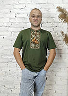 Футболка вишиванка хакі вишита коричнево беживим орнаментом