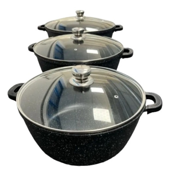 Набір каструль зі скляними кришками 3шт PT-6 газ/індукція Чорний, фото 1