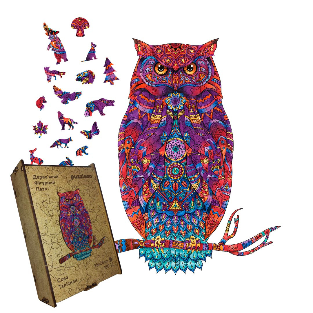 Дерев'яний пазл Сова Талісман, А5, Картонна коробка, фото 1