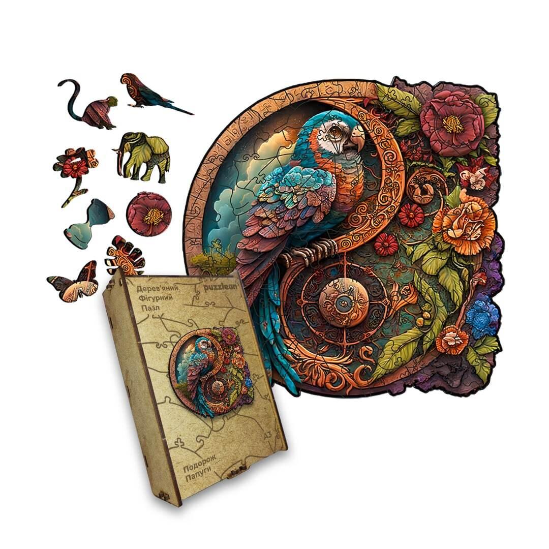 Дерев'яний  пазл Подорож Папуги, А3, Картонна коробка, фото 1