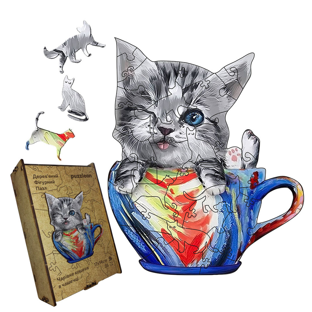 Дерев'яний пазл Чарівне Кошеня в чашечці, А3, Картонна коробка, фото 1