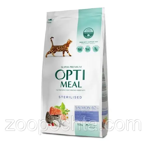 Акція ! Сухий корм Optimeal Sterilised для стерилізованих кішок/кастрованих котів лосось, 10 кг