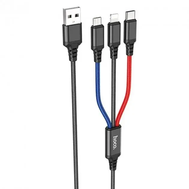 Дата-кабель Hoco X76 USB (тато) - Lightning (тато)/micro USB (тато)/USB-C (тато) 1м Black (K25610)