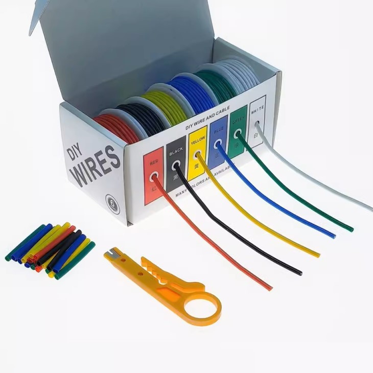 Набір силіконових проводів 20AWG 6 кольорів по 10 м багатожильний + термоусадка та очищувач дроту, фото 1