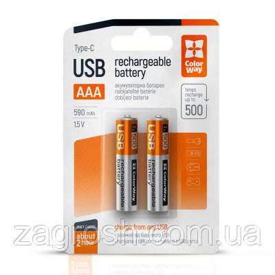 Promo Ціна! Акумулятор ColorWay AAА USB-С 590 mAh 1.5V (2шт) (Li-Polymer) (CW-UBAAA-09) - тільки на ZaGrosh.com.ua