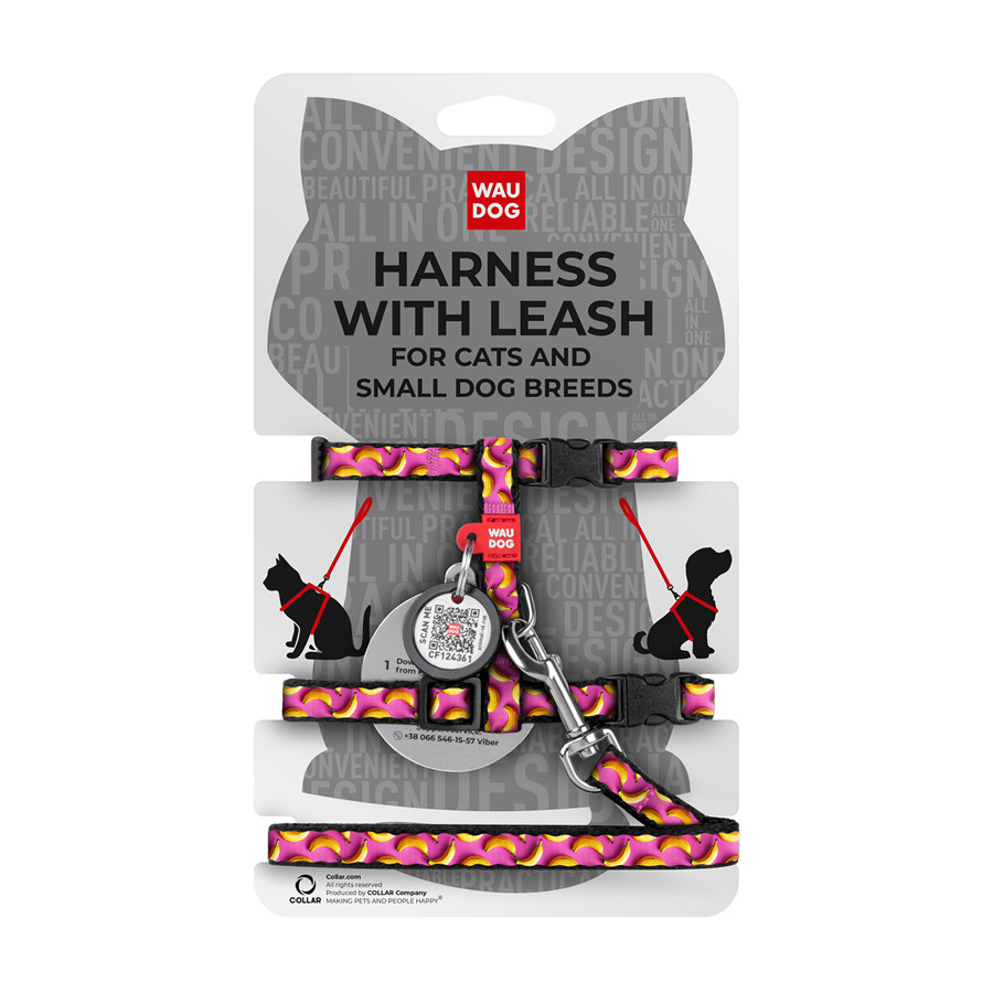 Шлея з повідцем для котів і дрібних порід собак WAUDOG Nylon з QR-паспортом, малюнок "Банани на рожевому",, фото 1