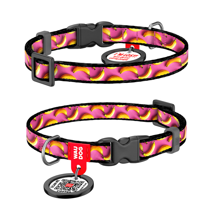 Нашийник для котів і дрібних порід собак нейлоновий WAUDOG Nylon з QR-паспортом, малюнок "Банани на рожевому",, фото 1