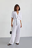 Жіночий літній костюм зі штанами та блузкою на зав'язках — білий колір, L (є розміри), фото 5