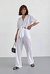 Жіночий літній костюм зі штанами та блузкою на зав'язках — білий колір, L (є розміри), фото 6