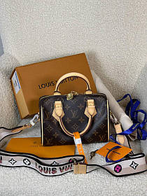 Жіноча сумка Louis Vuitton Premium Brown шкіра коричнева 1 відділення з широким текстильним ремінцем LV