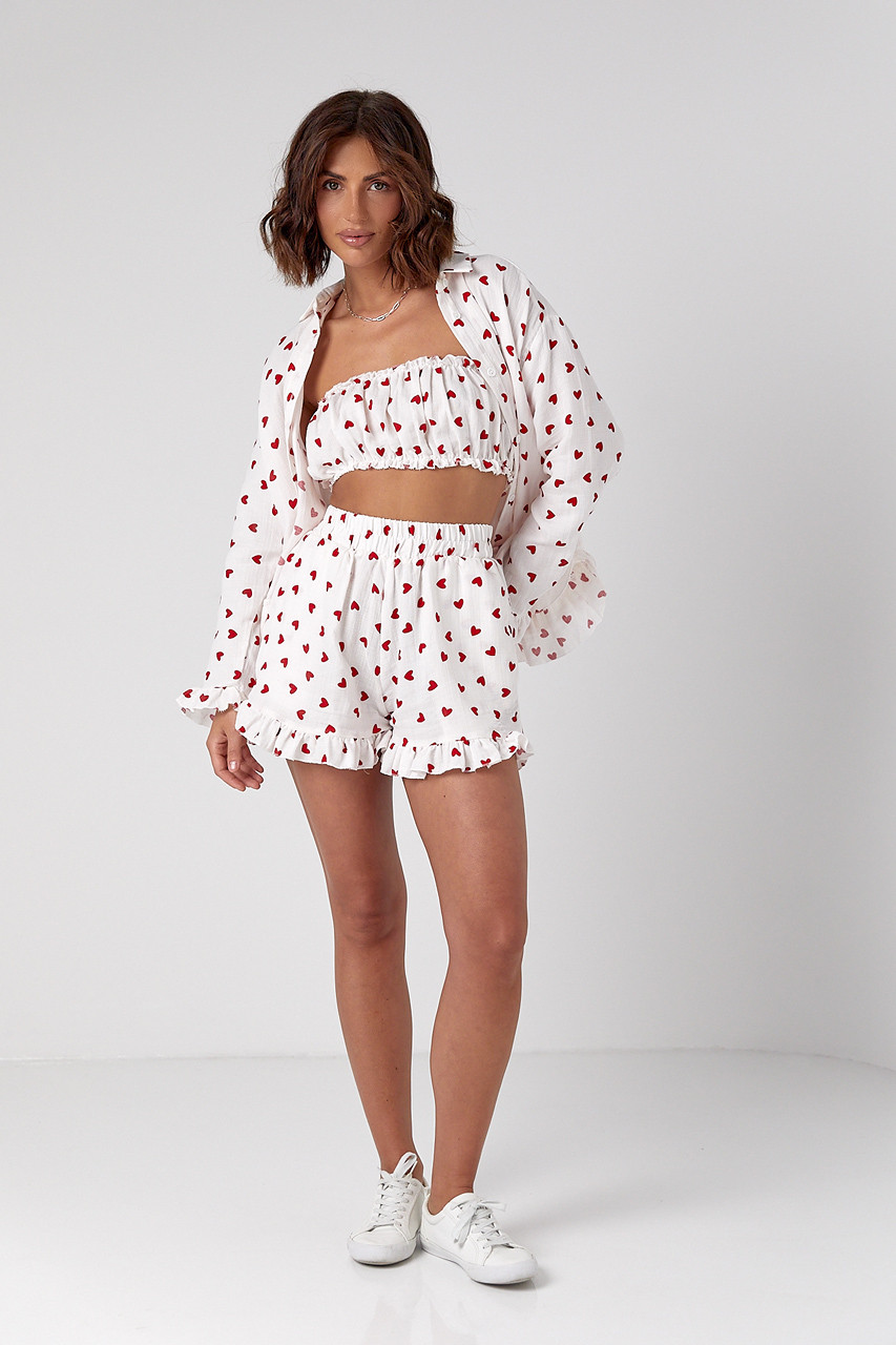 Літній костюм-трійка прикрашений сердечками — червоний колір, L (є розміри), фото 1