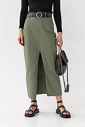 Котонова мідіспідниця з розрізом — хакі-колір, S (є розміри)