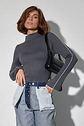 Жіноча водолазка в рубчик із смужкою на рукавах — темно-сірий колір, ONE SIZE (є розміри)